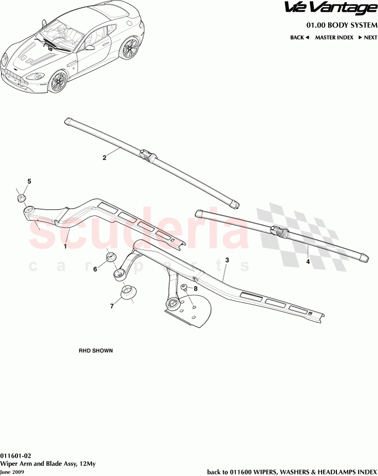 Wiper Arm and Blade Assembly, 12My of Aston Martin Aston Martin V12 Vantage (upto 2016)