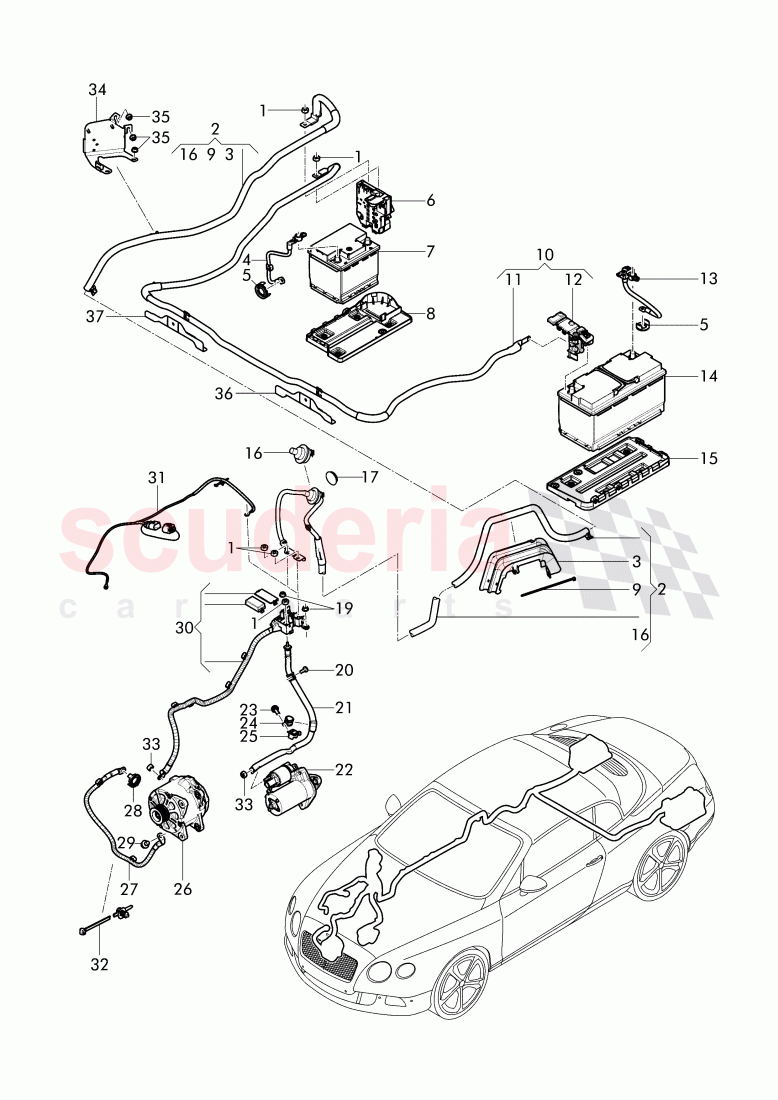 harness for battery +/-, Wire harness for starter and alternator with ground, wire, F 3W-F-041 768>>, F ZA-F-041 768>> of Bentley Bentley Continental GTC (2011+)
