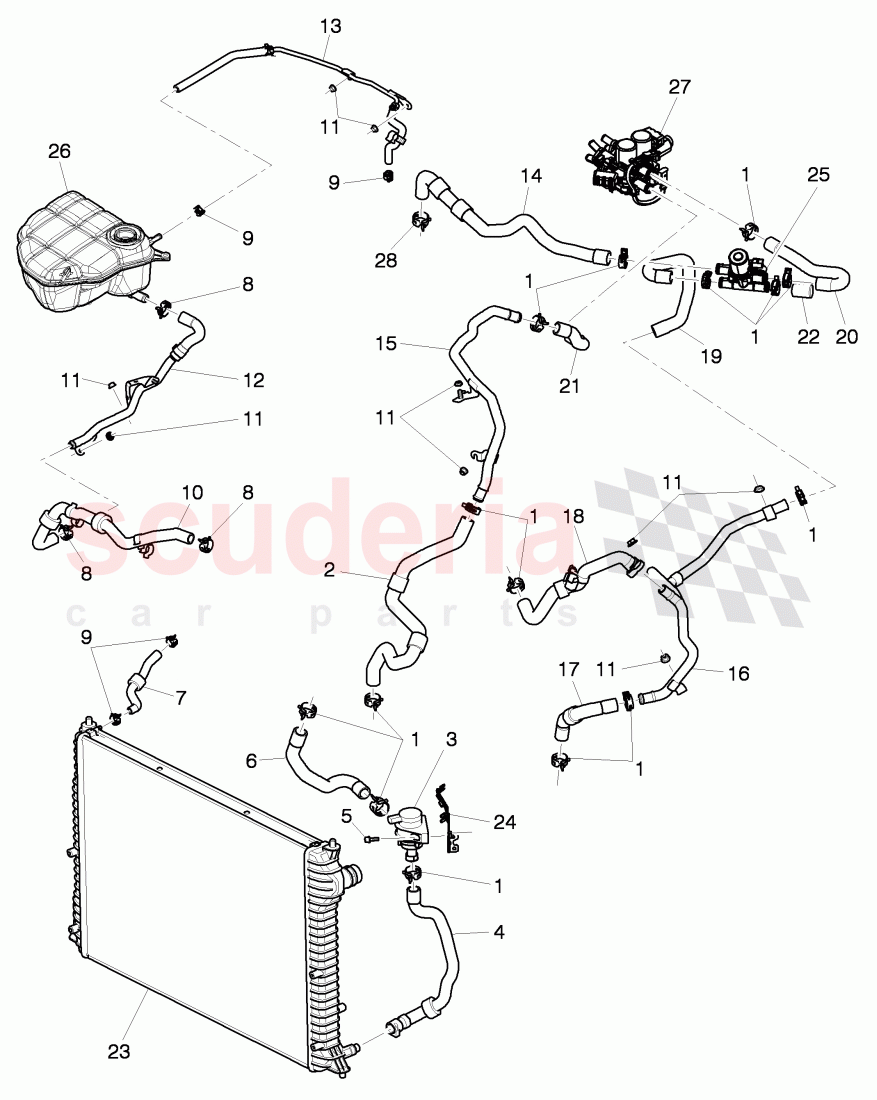 Coolant hoses and pipes, Engine bay, for vehicles with coolant auxiliary heater, F 3W-6-039 273>>, F ZA-A-062 464>>, D >> - MJ 2010 of Bentley Bentley Continental Flying Spur (2006-2012)