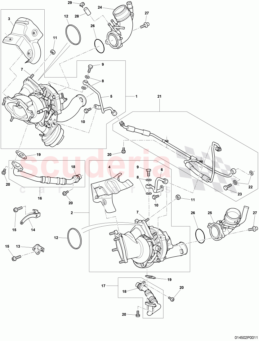 Exhaust gas turbocharger, oil return line, oil pressure line, D - MJ 2008>>, F >> 3W-8-051 805 of Bentley Bentley Continental GTC (2006-2010)