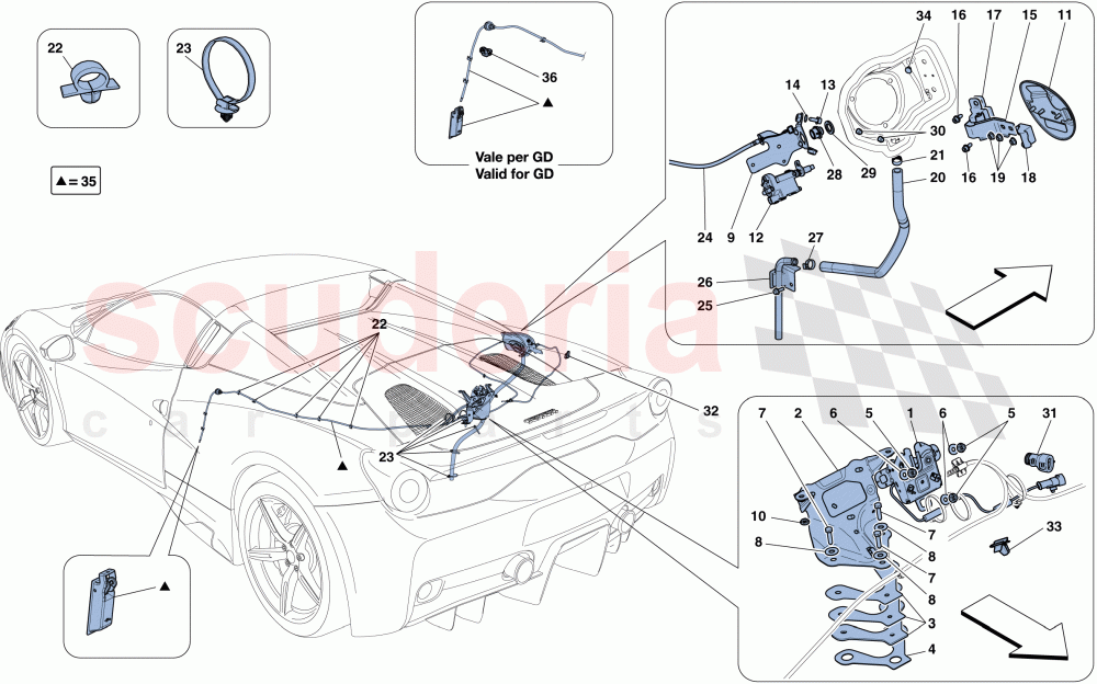 ENGINE COMPARTMENT LID AND FUEL FILLER FLAP OPENING MECHANISMS of Ferrari Ferrari 458 Speciale Aperta