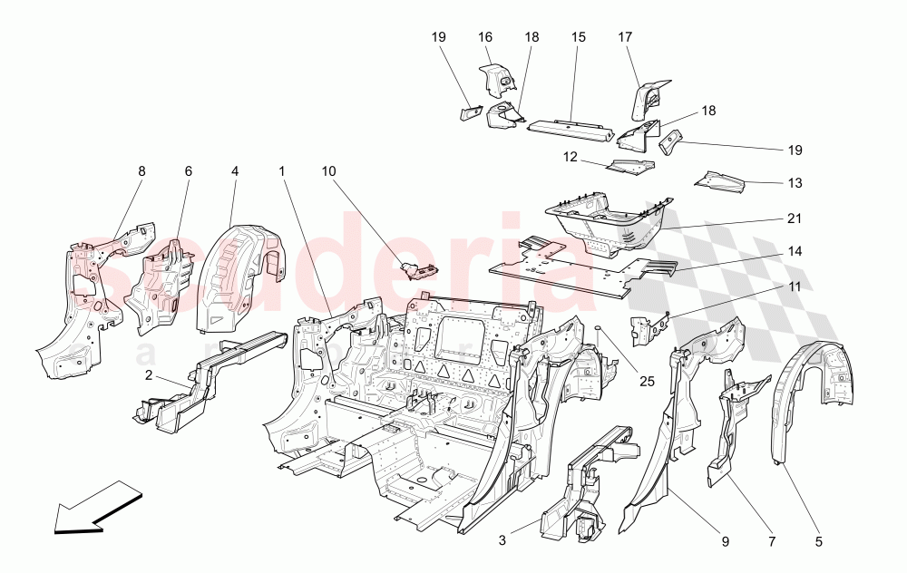 REAR STRUCTURAL FRAMES AND SHEET PANELS of Maserati Maserati GranCabrio (2016+) MC Centennial