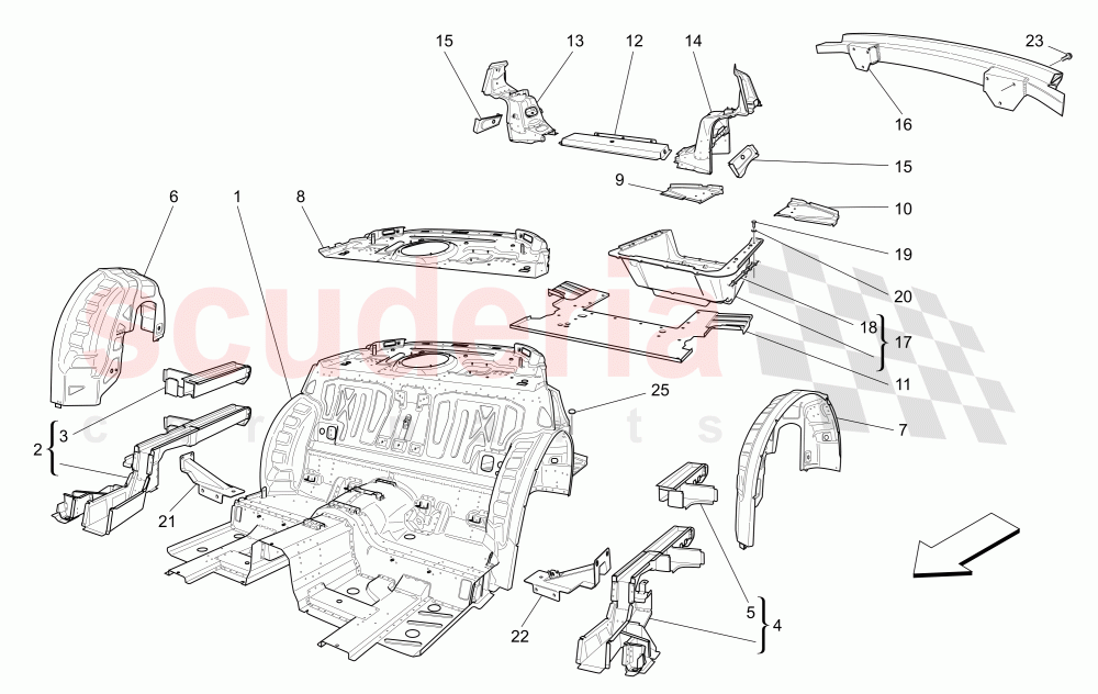 REAR STRUCTURAL FRAMES AND SHEET PANELS of Maserati Maserati GranTurismo (2017+) Special Edition Auto