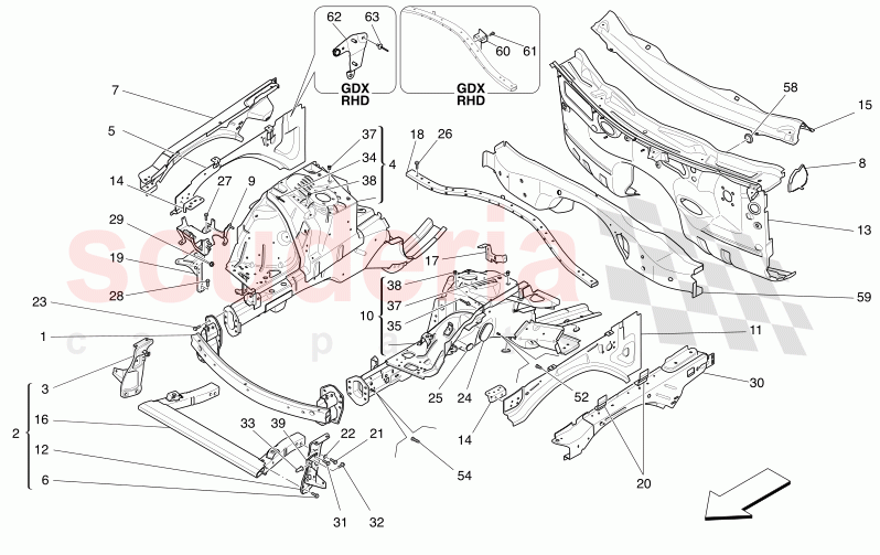 FRONT STRUCTURAL FRAMES AND SHEET PANELS of Maserati Maserati Levante Modena Automatic 3.0 BT V6 4WD 350HP