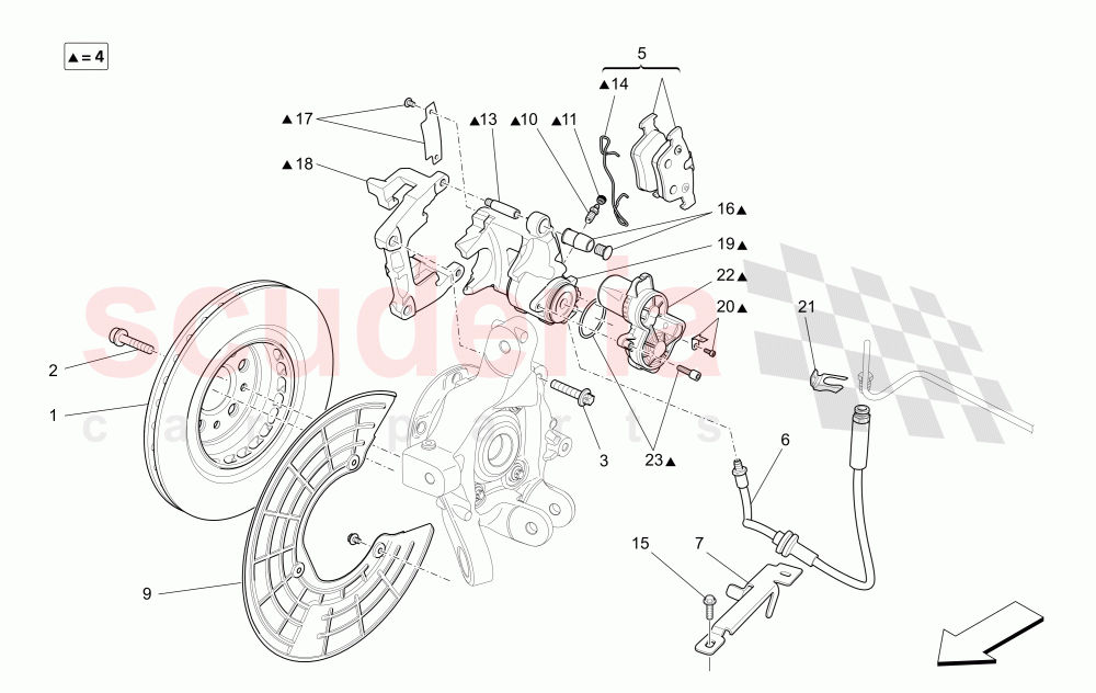 BRAKING DEVICES ON REAR WHEELS (Available with: Dual Cast Braking System (Front - 345 mm) ; (Rear - 330 mm) - Coloured brake calipersNot available with: DUAL CAST BRAKING SYSTEM (FRONT - 360 MM) CAST-IRON (REAR - 345 MM)) of Maserati Maserati Quattroporte (2017+) Diesel