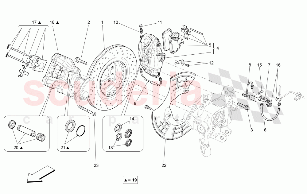 BRAKING DEVICES ON REAR WHEELS (Available with: DUAL CAST BRAKING SYSTEM (FRONT - 360 MM) CAST-IRON (REAR - 345 MM) Not available with: Dual Cast Braking System (Front - 345 mm) ; (Rear - 330 mm) - Coloured brake calipers) of Maserati Maserati Ghibli (2017+) S Q4