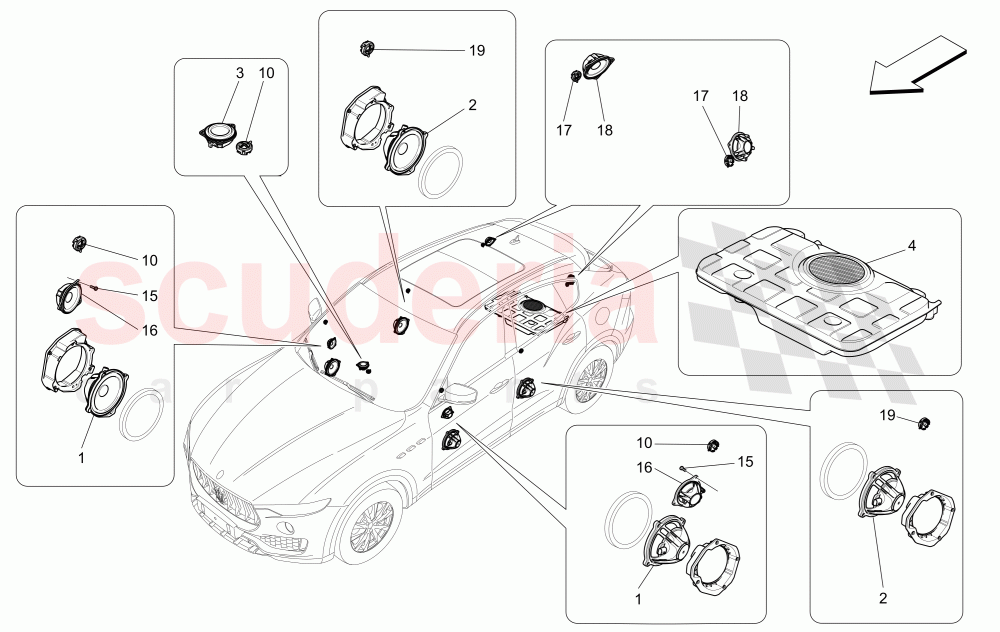 SOUND DIFFUSION SYSTEM (Available with: HIGH PREMIUM SOUND SYSTEMNot available with: BASIC SOUND SYSTEM (8 SPEAKERS), PREMIUM SOUND SYSTEM) of Maserati Maserati Levante (2017+) Diesel